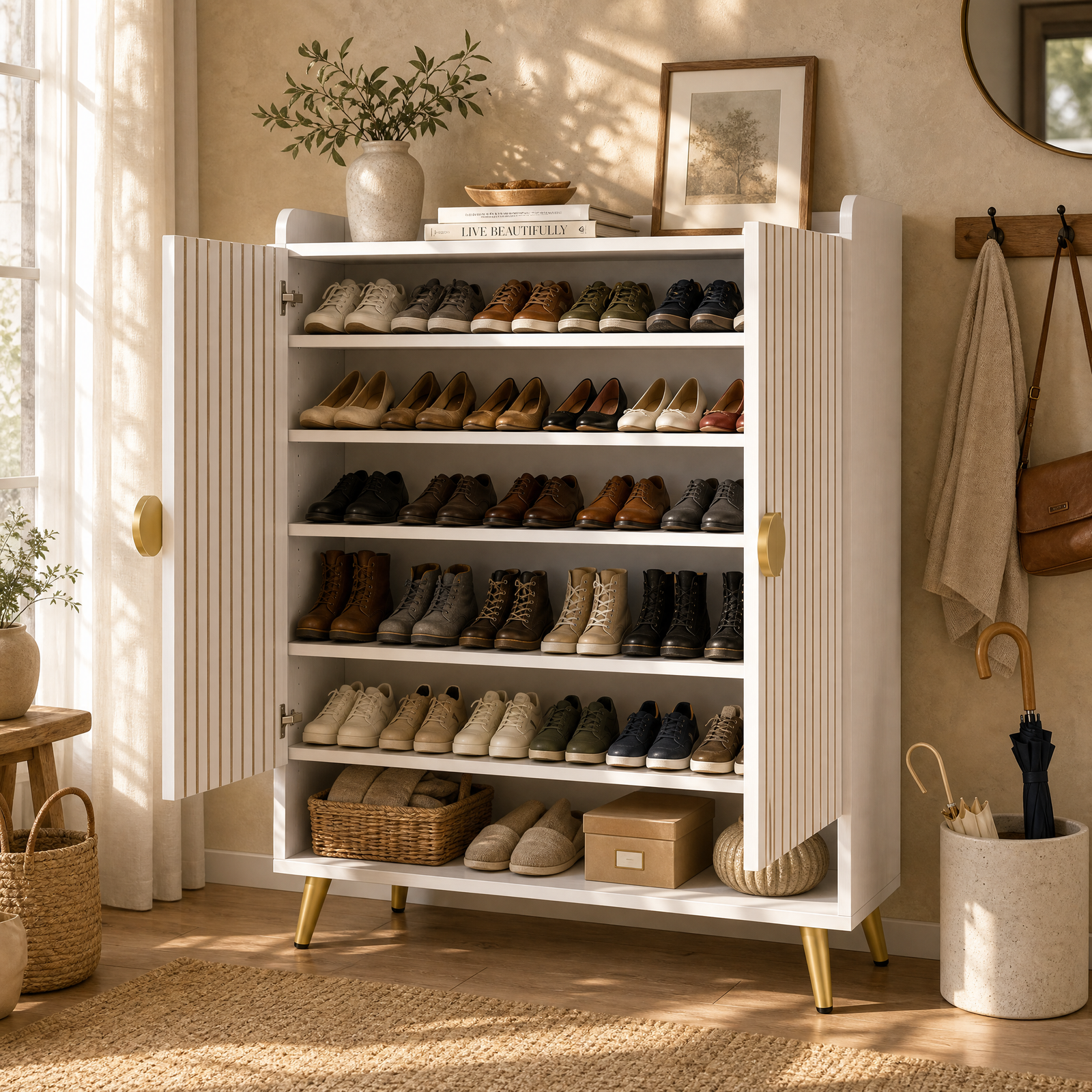 EMOOTTOO 7-Tier Shoe Cabinet with Vertical Fluted Doors, White & Gold
