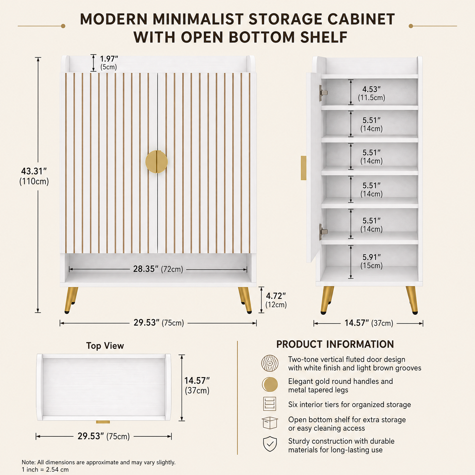 EMOOTTOO 7-Tier Shoe Cabinet with Vertical Fluted Doors, White & Gold