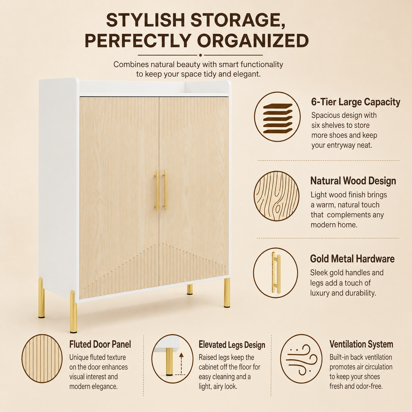 EMOOTTOO 6-Tier Fluted-Door Shoe Cabinet