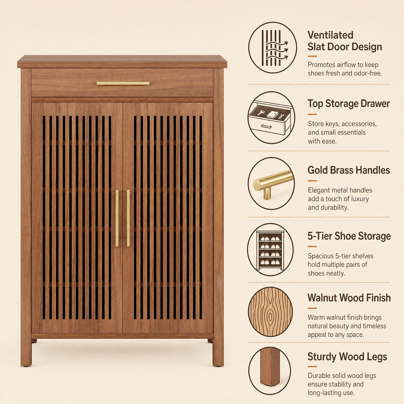 EMOOTTOO 43" Walnut Shoe Storage Cabinet with Louvered Doors and Drawer