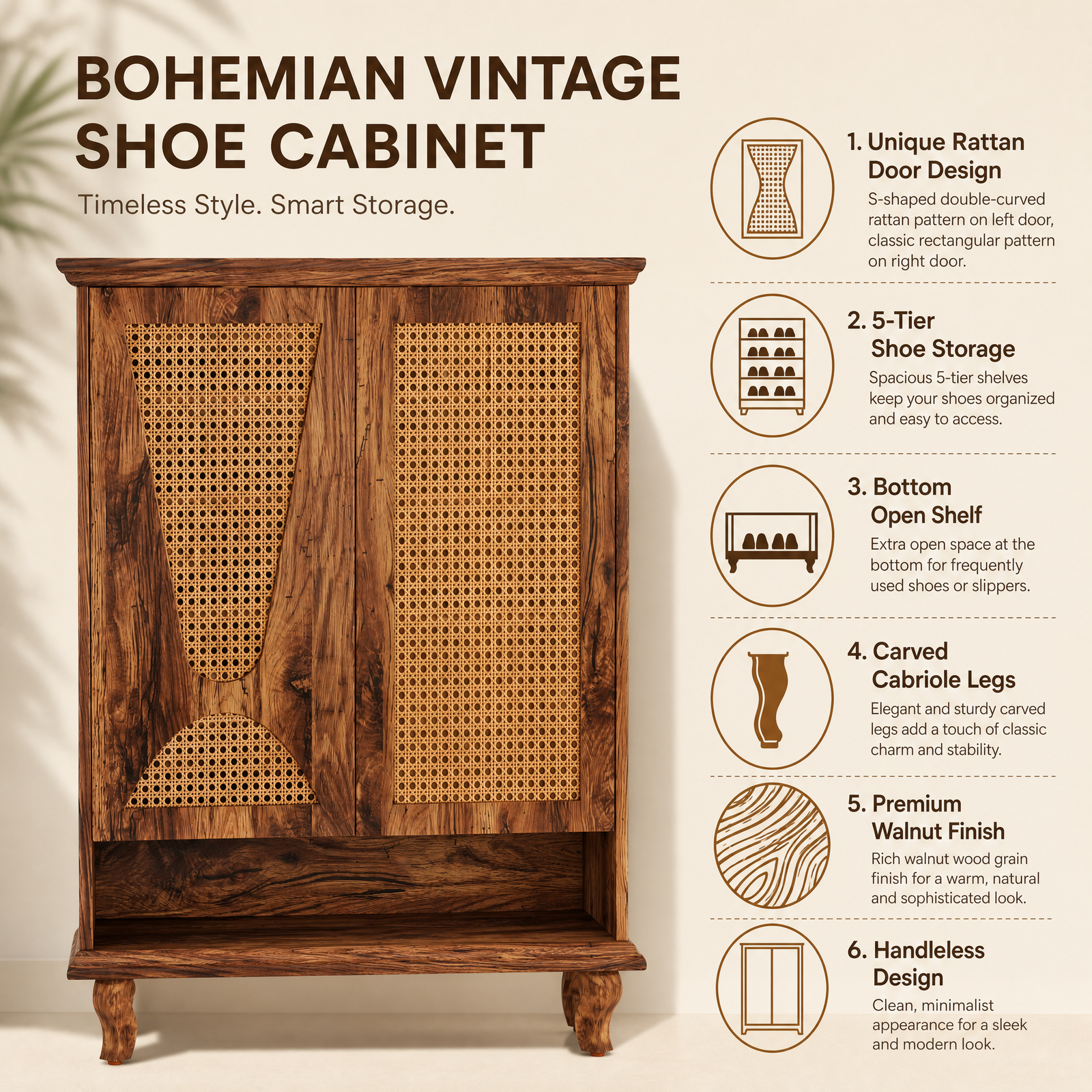 EMOOTTOO 43" Boho Rattan Shoe Storage Cabinet