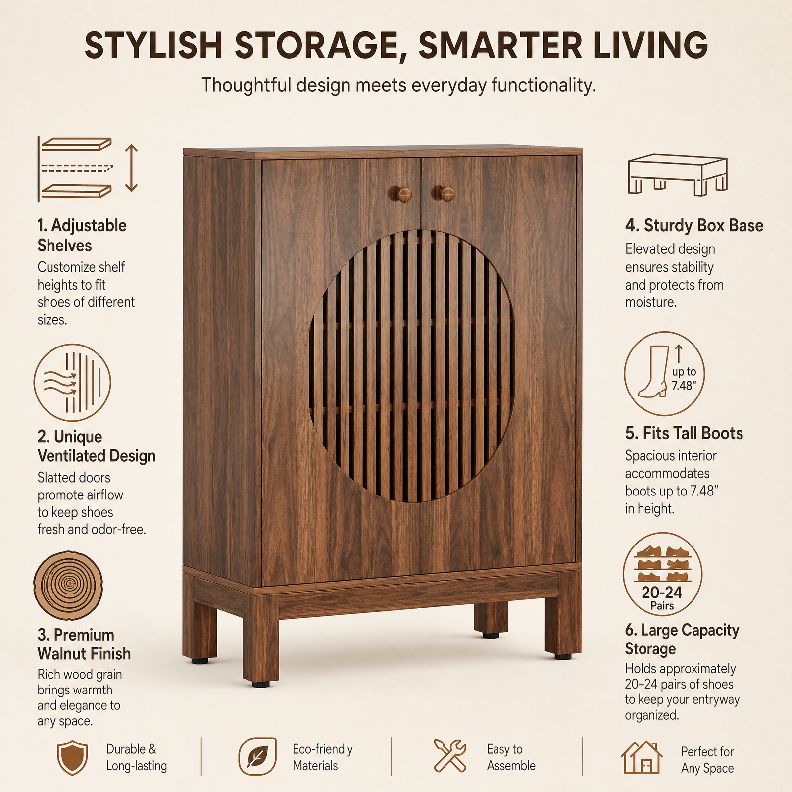 EMOOTTOO 40" Japandi Walnut Shoe Storage Cabinet with Circular Slatted Doors