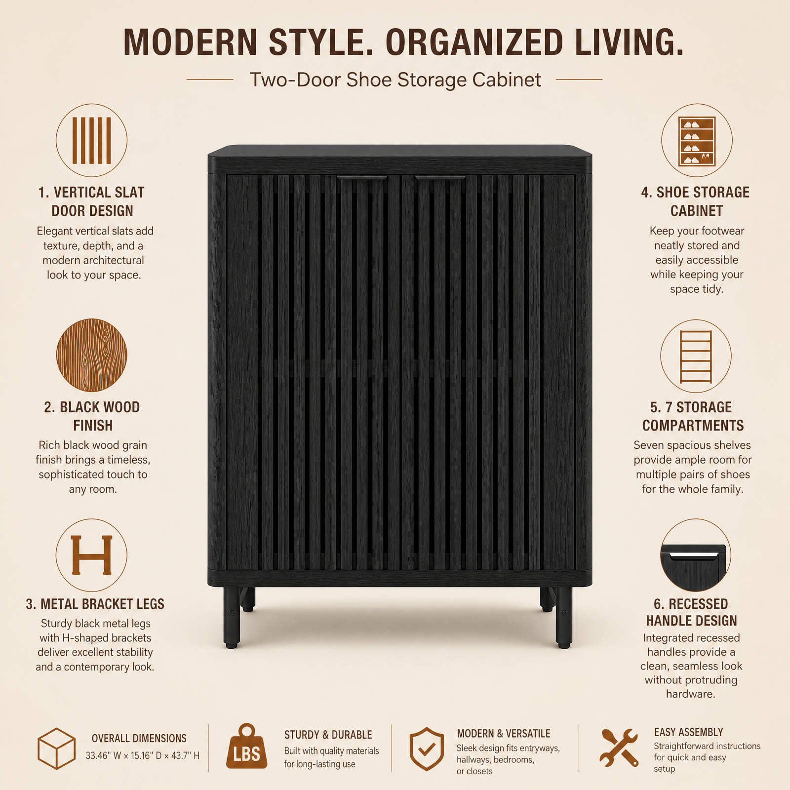 EMOOTTOO 43" Modern Black Shoe Storage Cabinet with Louvered Doors