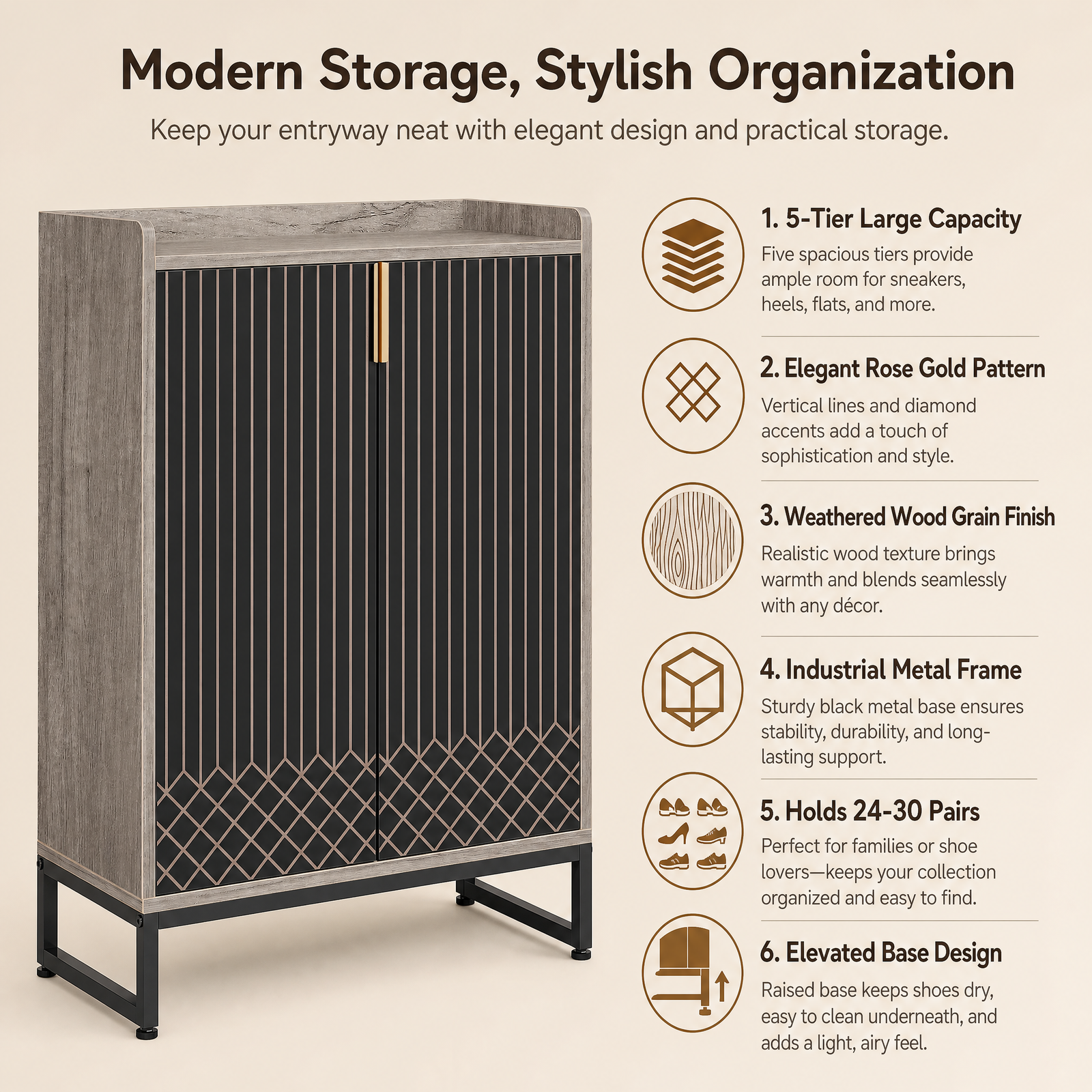 EMOOTTOO Modern 5-Tier Shoe Cabinet with Doors