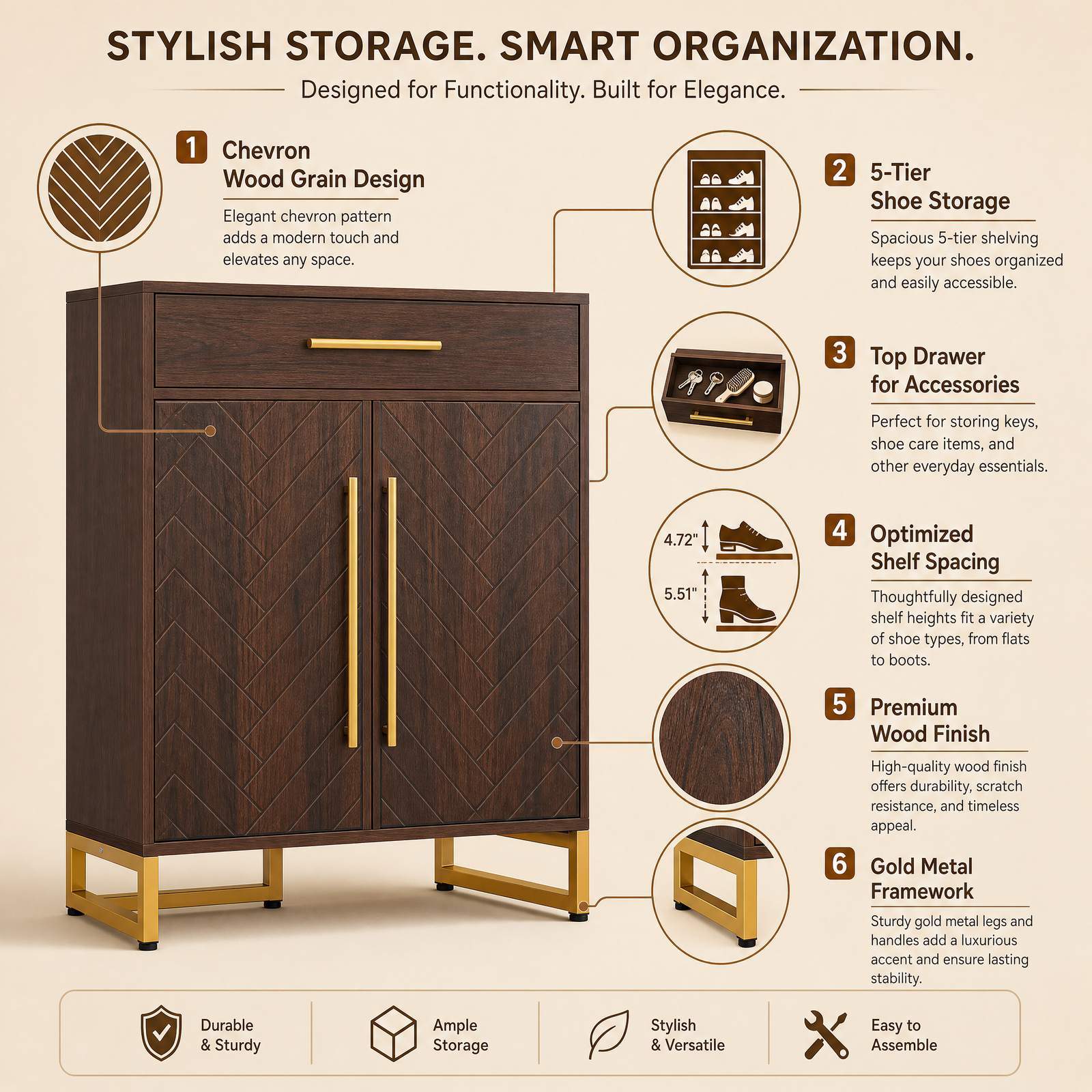 EMOOTTOO Mid-Century Modern 6-Tier Shoe Cabinet with Herringbone Carved Doors, Walnut, 31.5" Wide