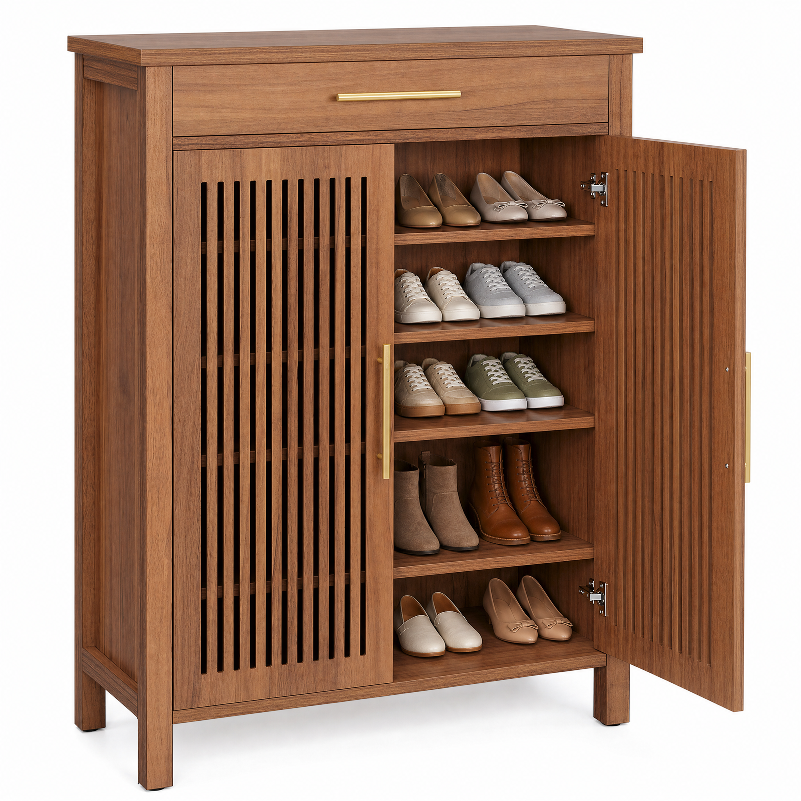 EMOOTTOO 43" Walnut Shoe Storage Cabinet with Louvered Doors and Drawer