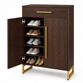 EMOOTTOO Mid-Century Modern 6-Tier Shoe Cabinet with Herringbone Carved Doors, Walnut, 31.5" Wide