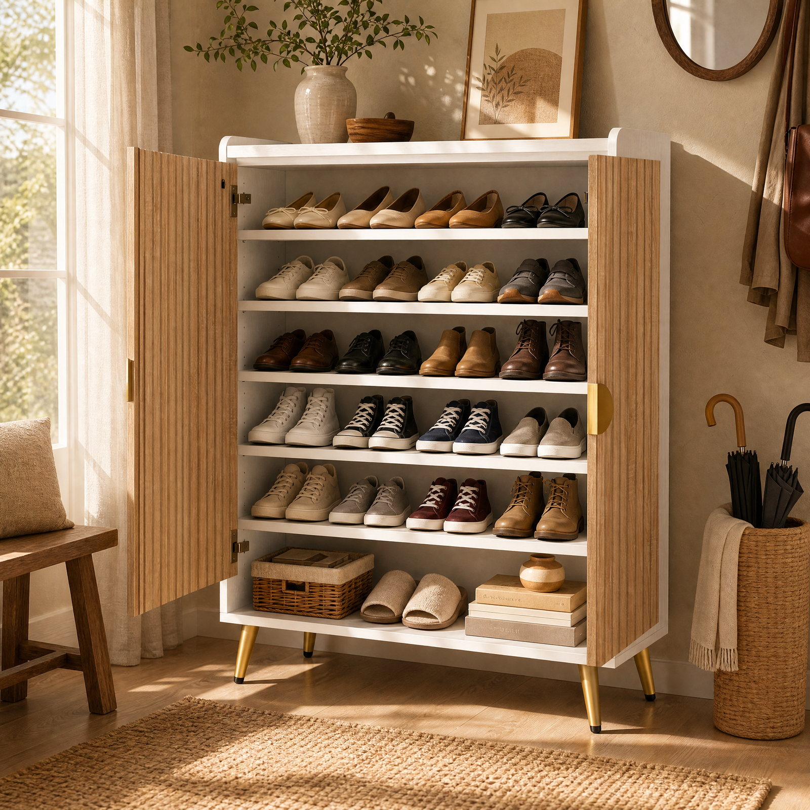 EMOOTTOO 7-Tier Shoe Cabinet with Vertical Slatted Doors
