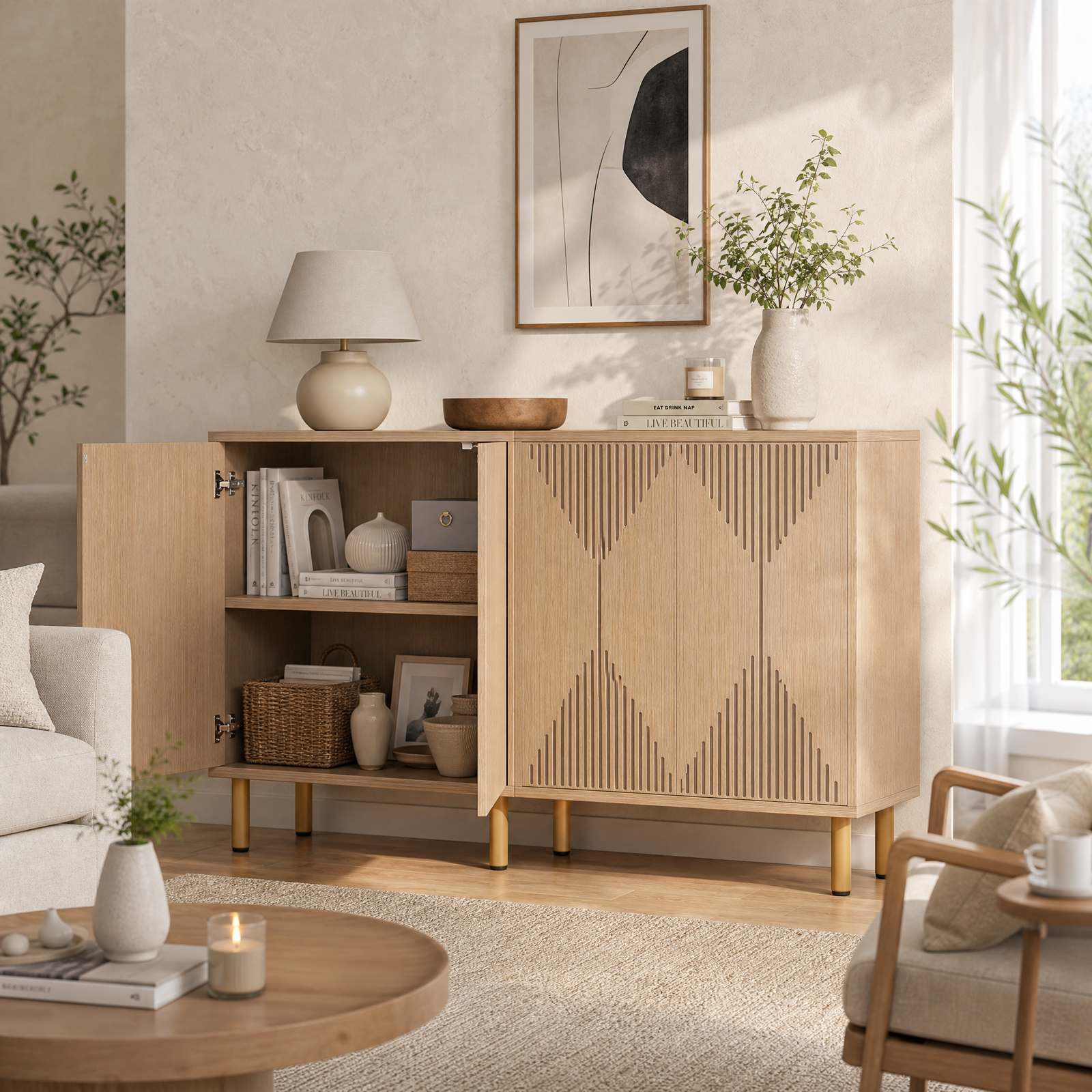 EMOOTTOO 58" Modern Natural Oak Sideboard