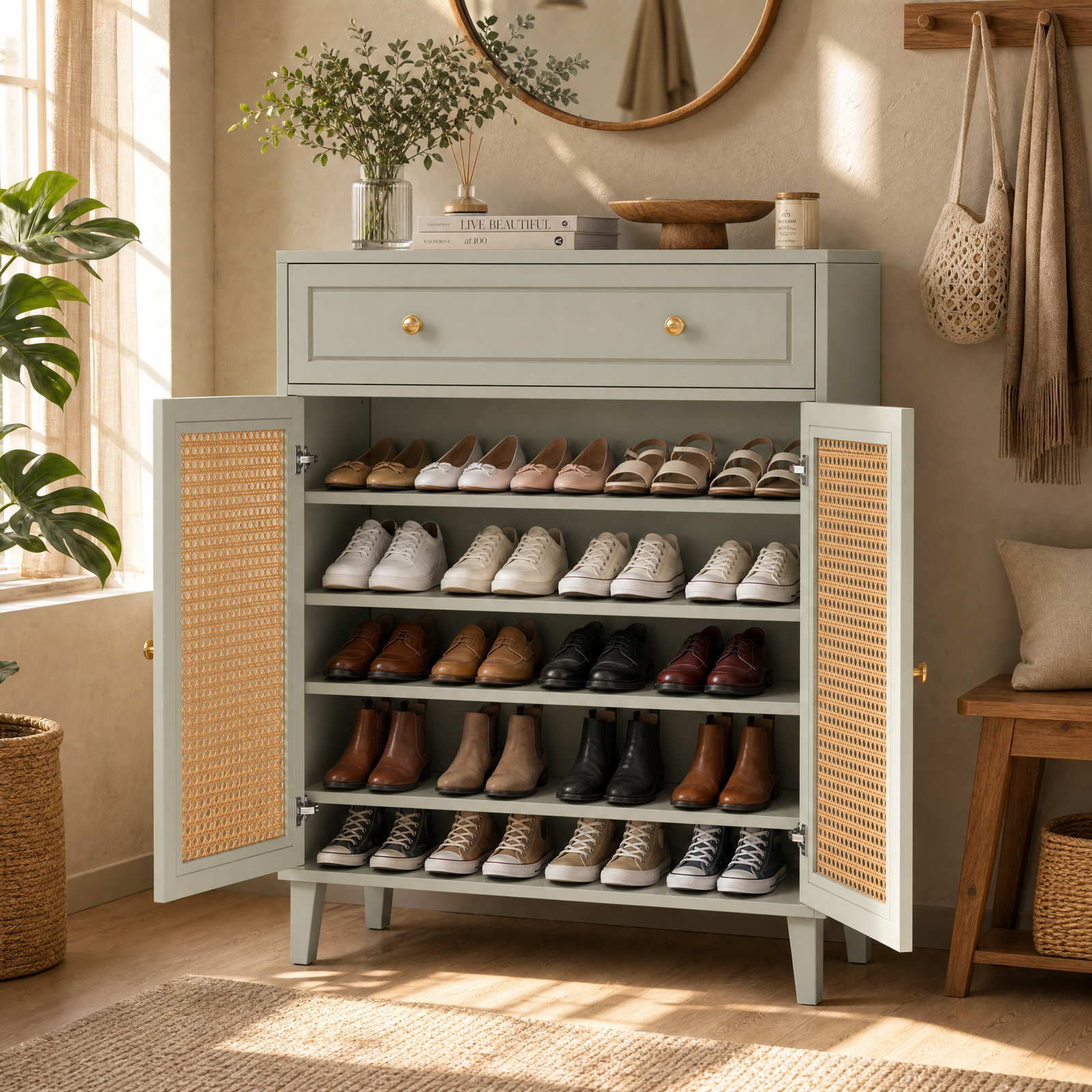 EMOOTTOO 44" Mint Green Shoe Storage Cabinet with Rattan Doors and Drawer