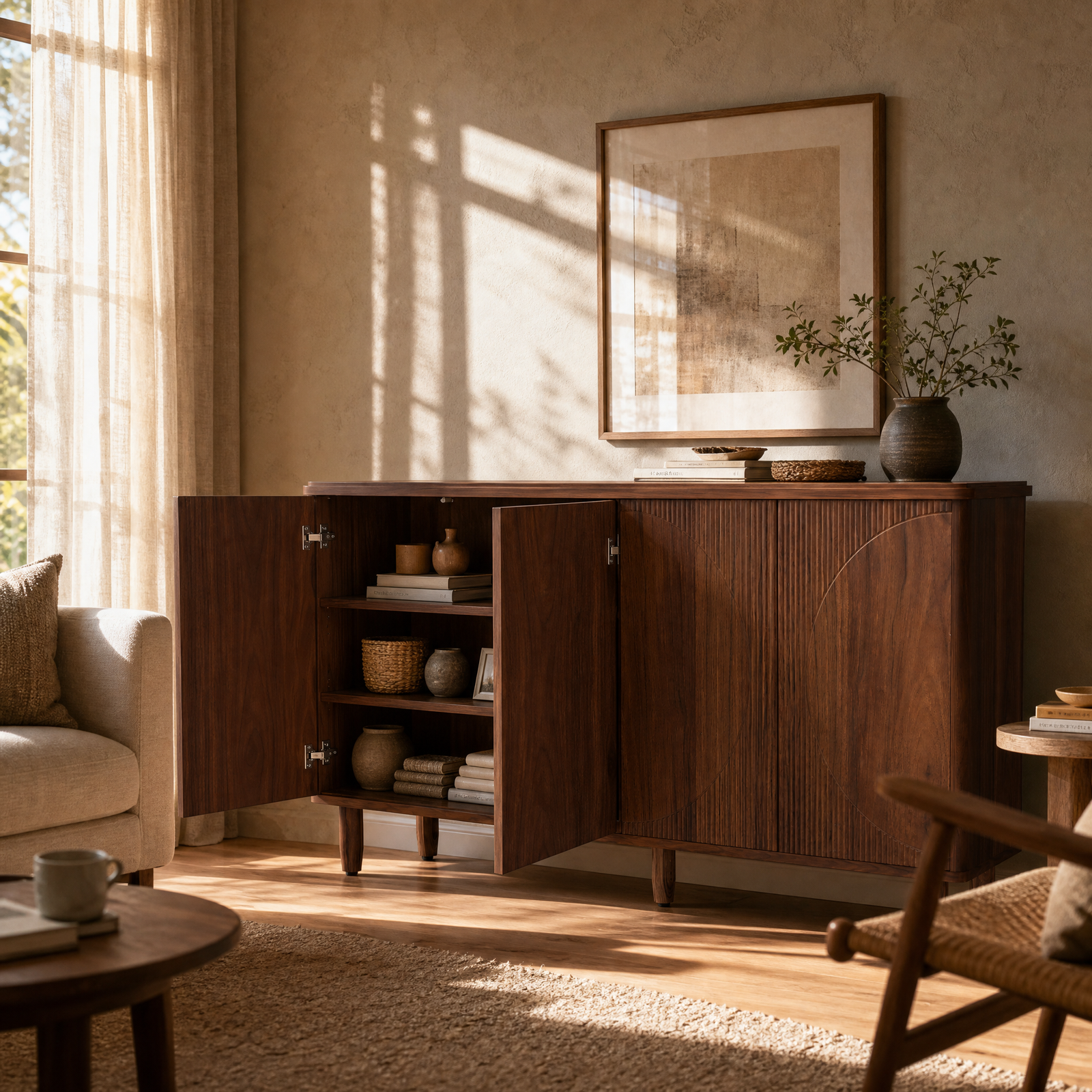 EMOOTTOO 59" Modern Buffet Sideboard Cabinet with Semicircle Pattern Doors