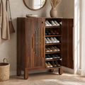 EMOOTTOO 40" Japandi Walnut Shoe Storage Cabinet with Circular Slatted Doors