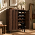 EMOOTTOO 43" Dark Walnut Shoe Storage Cabinet with Breathable Louvered Doors