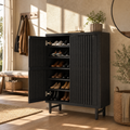 EMOOTTOO 43" Modern Black Shoe Storage Cabinet with Louvered Doors