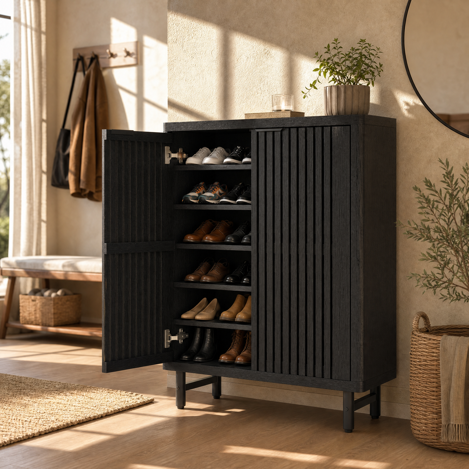 EMOOTTOO 43" Modern Black Shoe Storage Cabinet with Louvered Doors