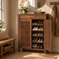 EMOOTTOO 43" Walnut Shoe Storage Cabinet with Louvered Doors and Drawer