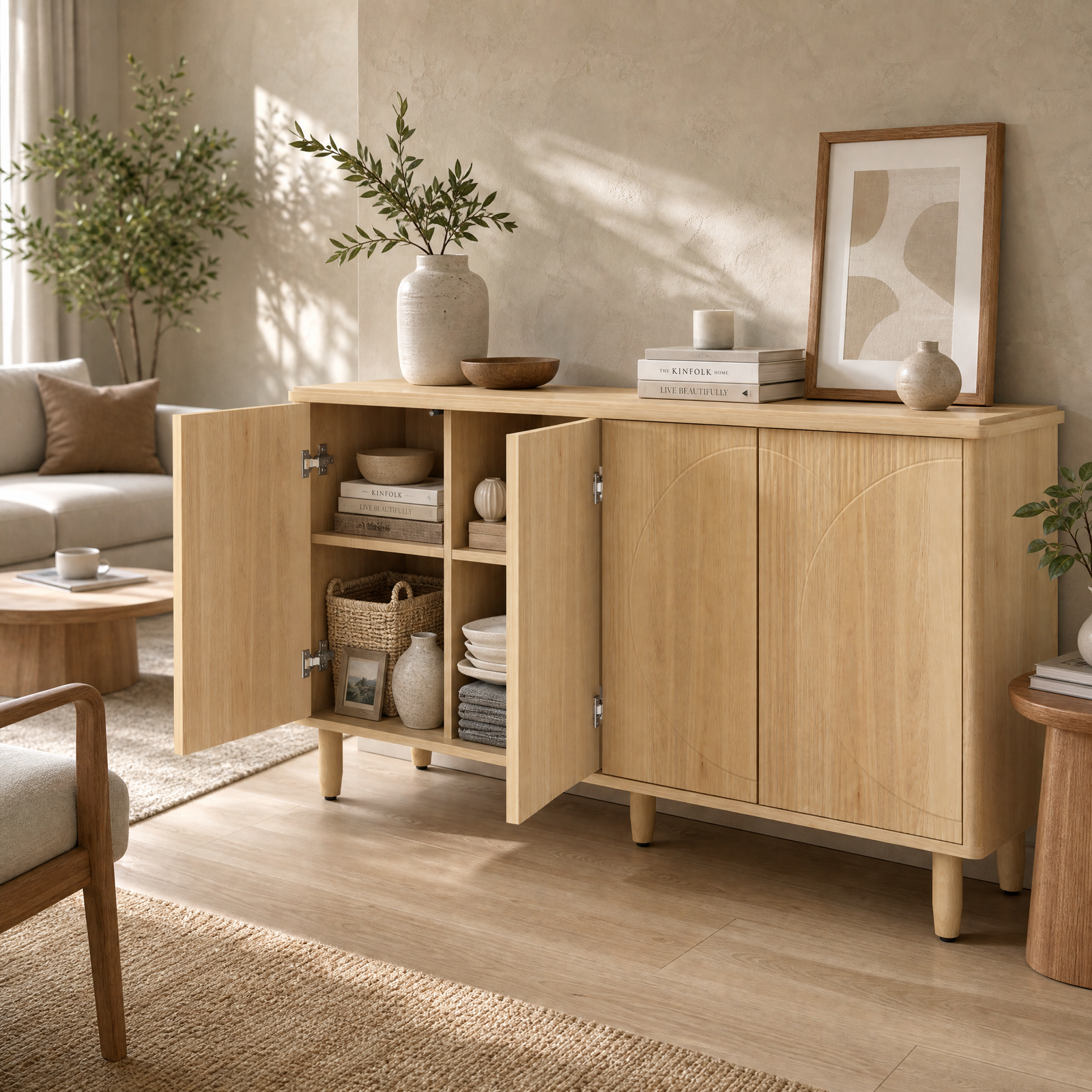 EMOOTTOO 59.4" Modern Oak Sideboard Buffet Cabinet with Storage