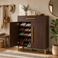 EMOOTTOO Mid-Century Modern 6-Tier Shoe Cabinet with Herringbone Carved Doors, Walnut, 31.5" Wide