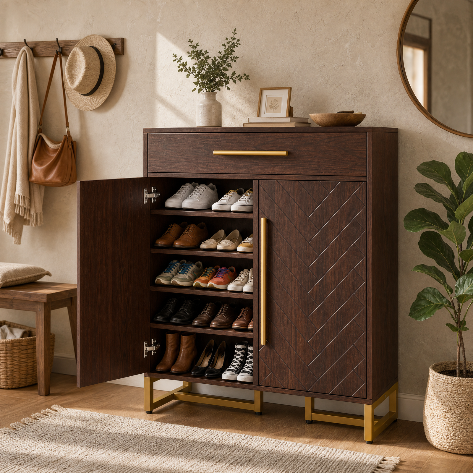 EMOOTTOO Mid-Century Modern 6-Tier Shoe Cabinet with Herringbone Carved Doors, Walnut, 31.5" Wide