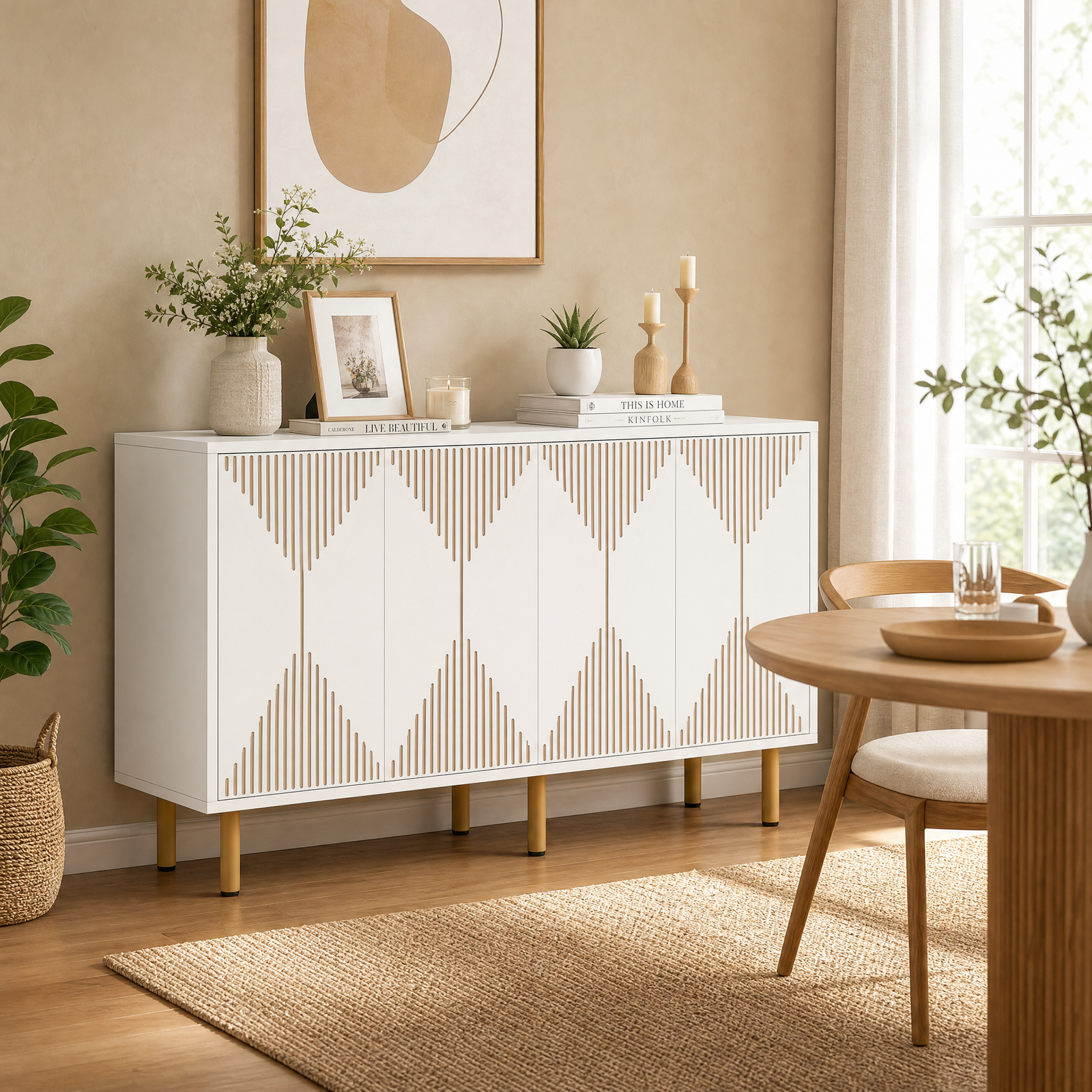 EMOOTTOO 59" Luxury White & Gold Sideboard