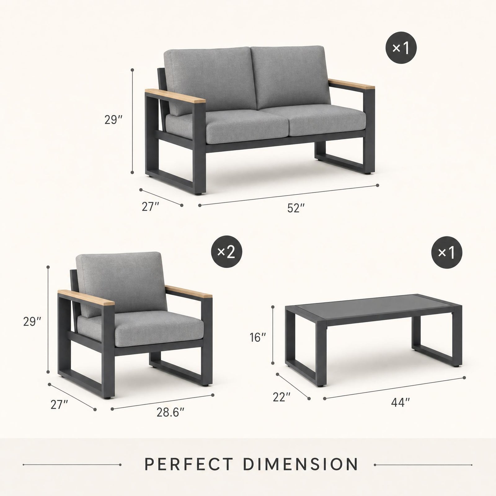 4-Piece Modern Aluminum Outdoor Conversation Set, 4-Seat Patio Sofa Group with 52" Loveseat, 2 Armchairs & Tempered Glass