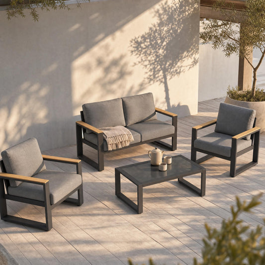 Emootto 4-Piece Modern Aluminum Outdoor Conversation Set - 4-Seat Patio Sofa Group with 52" Loveseat, 2 Armchairs & Tempered Glass Coffee Table, Gray
