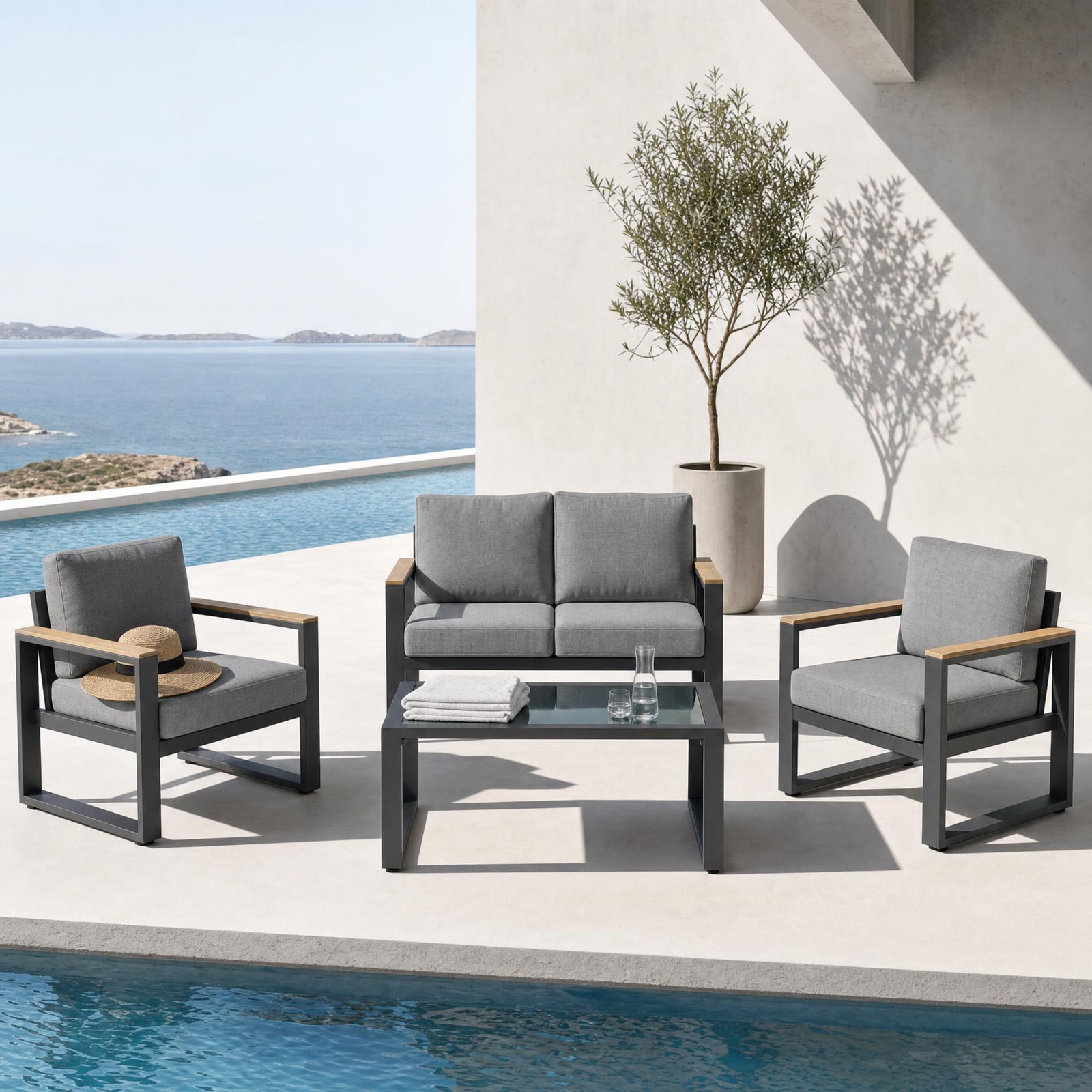 4-Piece Modern Aluminum Outdoor Conversation Set, 4-Seat Patio Sofa Group with 52" Loveseat, 2 Armchairs & Tempered Glass