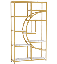 69" Modern Luxury Half-Moon Bookshelf, 5-Tier Gold Etagere Bookcase with 9 White Marble Shelves, Elegant Display Rack