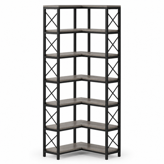 TB-JW0637 | Gray 79-inch 7-tier corner bookshelf | white background