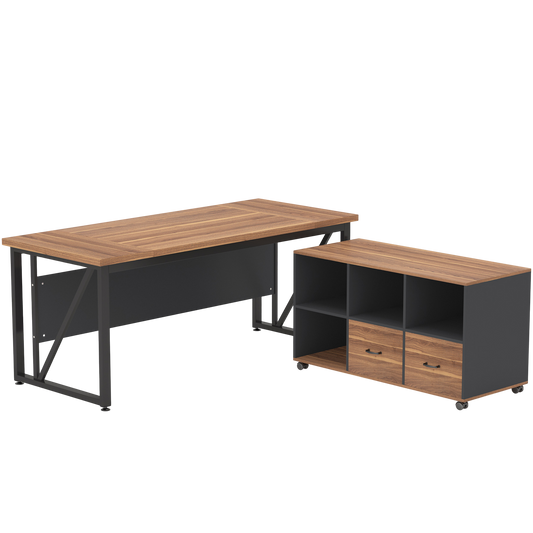 63" L-Shaped Executive Desk with Mobile File Cabinet & Storage Shelves