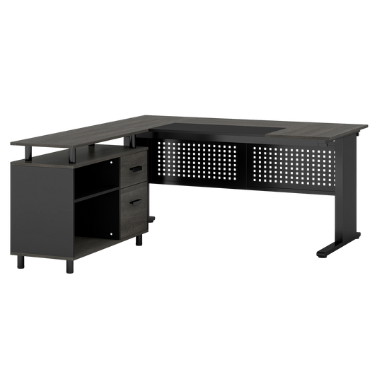 63" L-Shaped Executive Desk with File Cabinet, Drawers & Storage Shelves