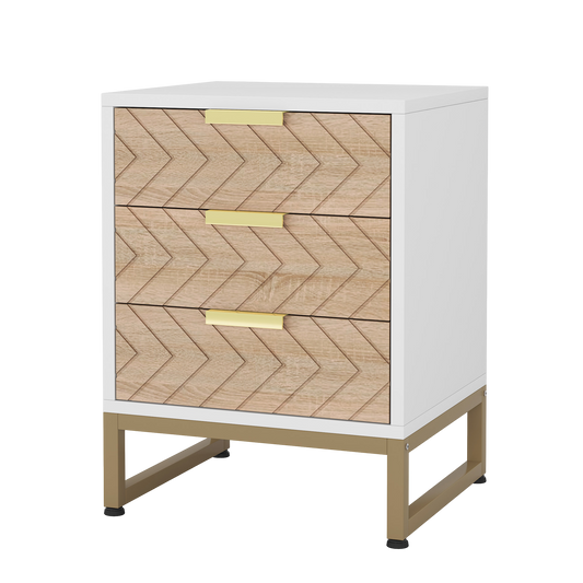 Nightstand Set of 2, Modern 3 Drawers Bedside Table with Unique Zig Zag Design, White Gold Side End Table Set of 2