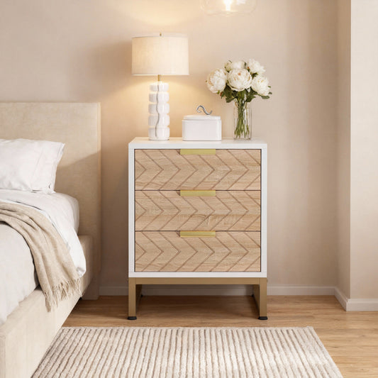 Emoottoo Nightstand Set of 2, Modern 3 Drawers Bedside Table with Unique Zig Zag Design, White Gold Side End Table Set of 2 for Bedroom