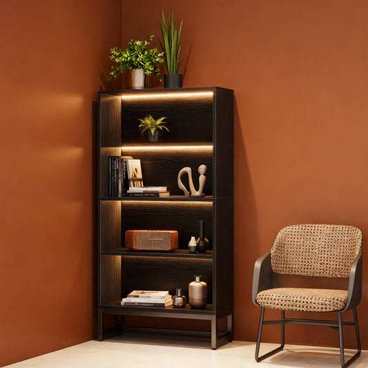 Emoottoo 71" Tall Heavy-Duty Black Bookcase with Smart LED Lighting, 5-Tier Industrial Library Bookshelf with APP Control, 31" Wide Deep Storage Shelving Unit for Gaming Room & Executive Office