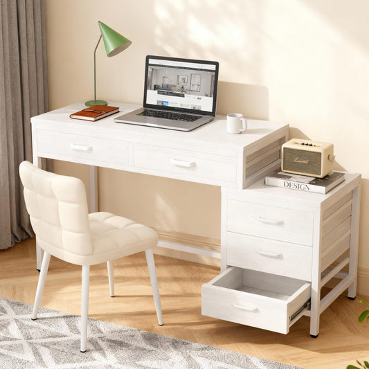 Emoottoo Computer Desk with 5 Drawers, Home Office Desks with Reversible Drawer Cabinet Printer Stand, Industrial PC Desk with Storage, White Study Writing Table Workstation for Small Spaces