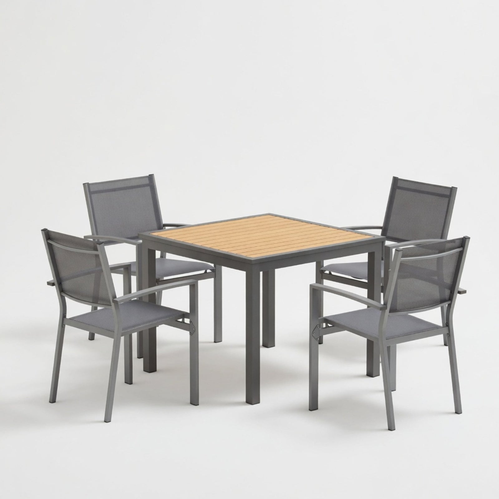5-Piece Grey Patio Dining Set, 4-Seat All-Weather Heavy Duty HDPS Aluminum Square Table and Textilene Metal Patio Chairs