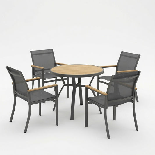 5-Piece Grey Aluminum Patio Dining Set, 4-Seat All-Weather Heavy-Duty HDPS Round Table and Textilene Patio Chairs