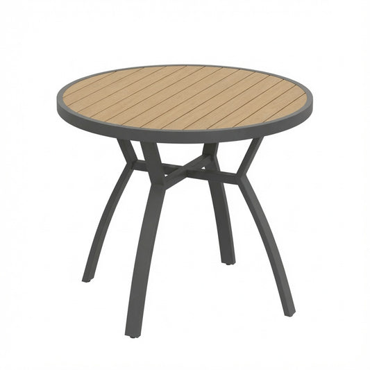 35.4" Grey Aluminum Outdoor Round Patio Table, All Weather HDPS Slatted Dining Table - product image 1