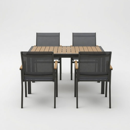5-Piece Grey Aluminum Patio Dining Set, 4-Seat All-Weather Heavy Duty HDPS Square Table and Textilene Patio Chairs