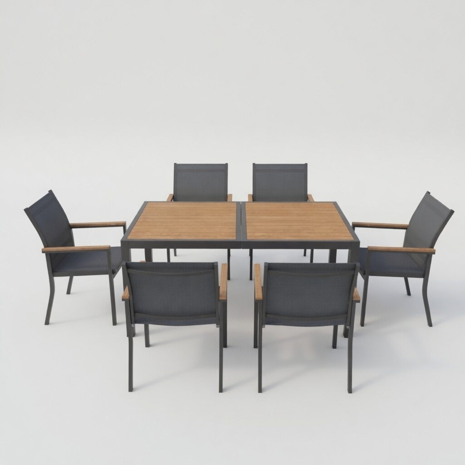 7-Piece Grey Aluminum Patio Dining Set, 6-Seat All-Weather Heavy-Duty HDPS Rectangle Table and Textilene Patio Chairs