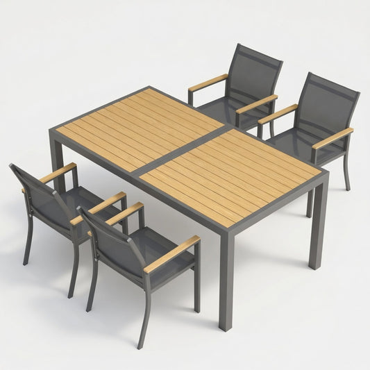 5-Piece Grey Aluminum Patio Dining Set, 4-Seat All-Weather Heavy-Duty HDPS Rectangle Table and Textilene Patio Chairs