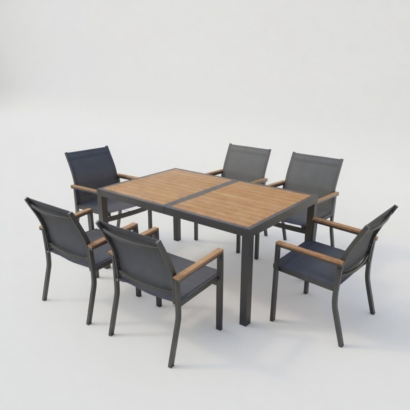 7-Piece Grey Aluminum Patio Dining Set, 6-Seat All-Weather Heavy Duty HDPS Rectangle Table and Textilene Patio Chairs