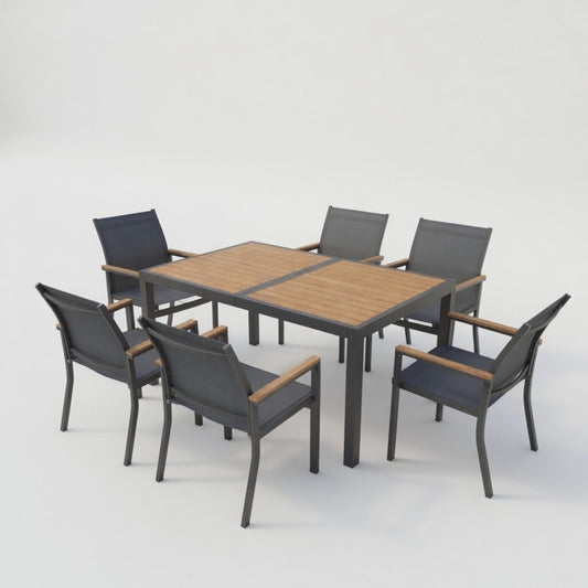 7-Piece Grey Aluminum Patio Dining Set, 6-Seat All-Weather Heavy Duty HDPS Rectangle Table and Textilene Patio Chairs
