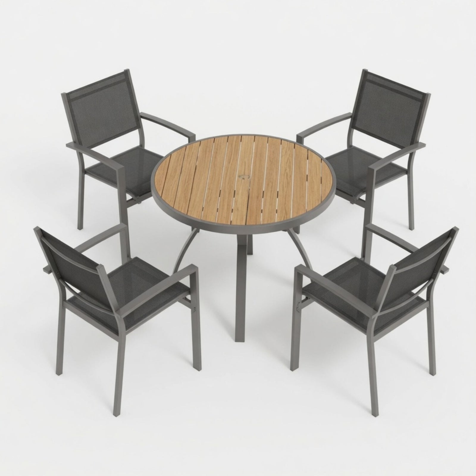 5-Piece Grey Patio Dining Set, 4-Seat All-Weather Heavy Duty HDPS Aluminum Round Table and Textilene Metal Patio Chairs