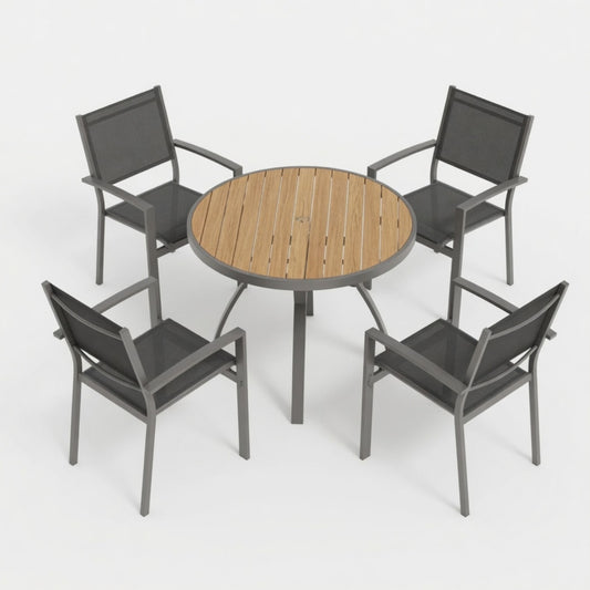 5-Piece Grey Patio Dining Set, 4-Seat All-Weather Heavy Duty HDPS Aluminum Round Table and Textilene Metal Patio Chairs