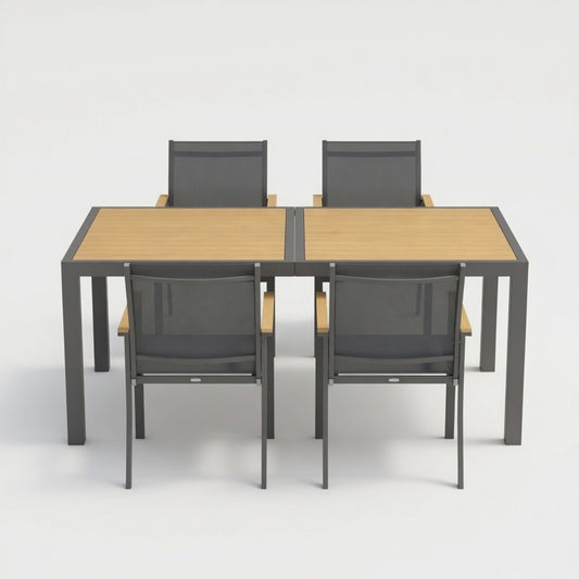 5-Piece Grey Aluminum Patio Dining Set, 4-Seat All-Weather Heavy Duty HDPS Rectangle Table and Textilene Patio Chairs