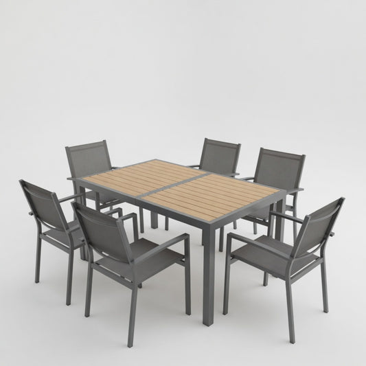 7-Piece Grey Patio Dining Set, 6-Seat All-Weather Heavy-Duty HDPS Aluminum Rectangle Table and Textilene Metal Patio Chairs