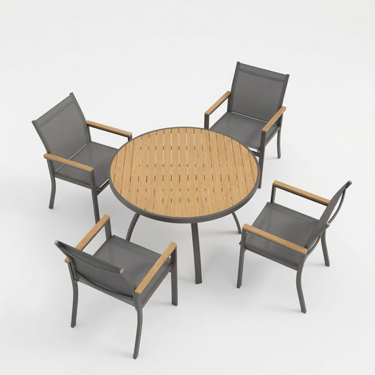 5-Piece Grey Aluminum Patio Dining Set, 4-Seat All-Weather Heavy Duty HDPS Round Table and Textilene Patio Chairs