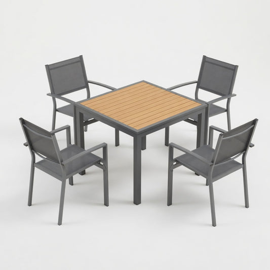 5-Piece Grey Patio Dining Set, 4-Seat All-Weather Heavy-Duty HDPS Aluminum Square Table and Textilene Metal Patio Chairs