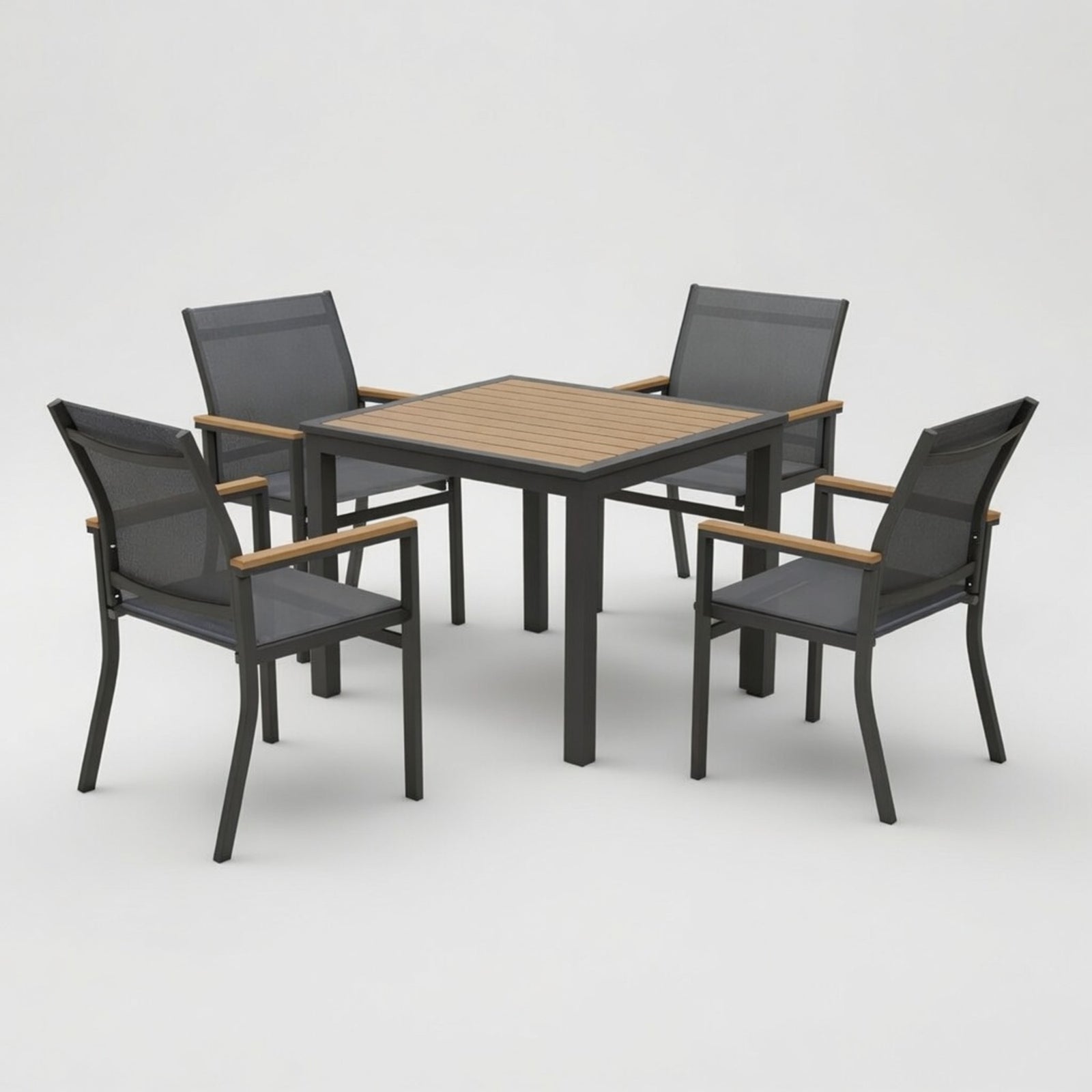 5-Piece Grey Aluminum Patio Dining Set, 4-Seat All-Weather Heavy-Duty HDPS Square Table and Textilene Patio Chairs